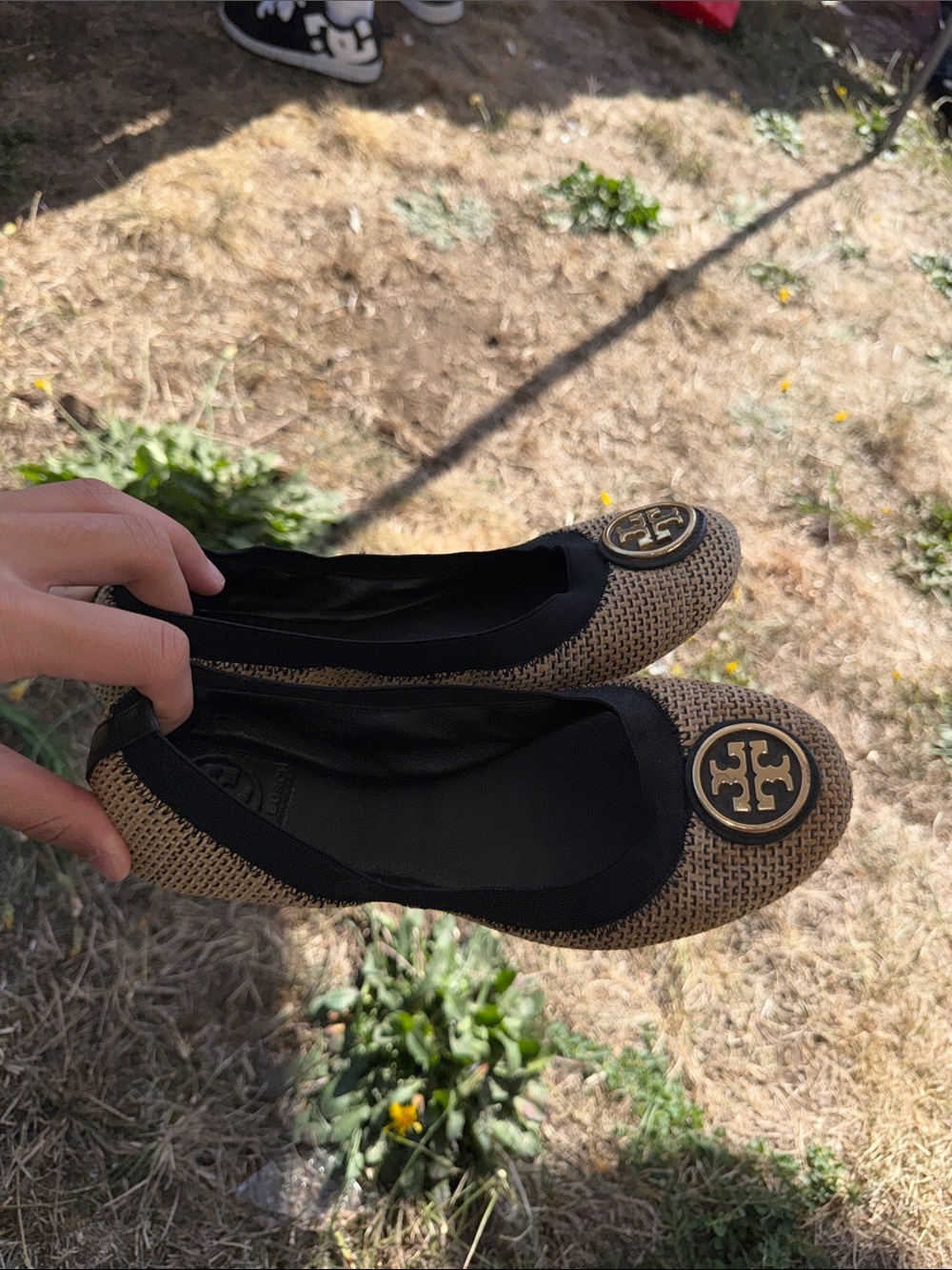 Tory Burch Black and Tan Woven Logo Ballet Flats
